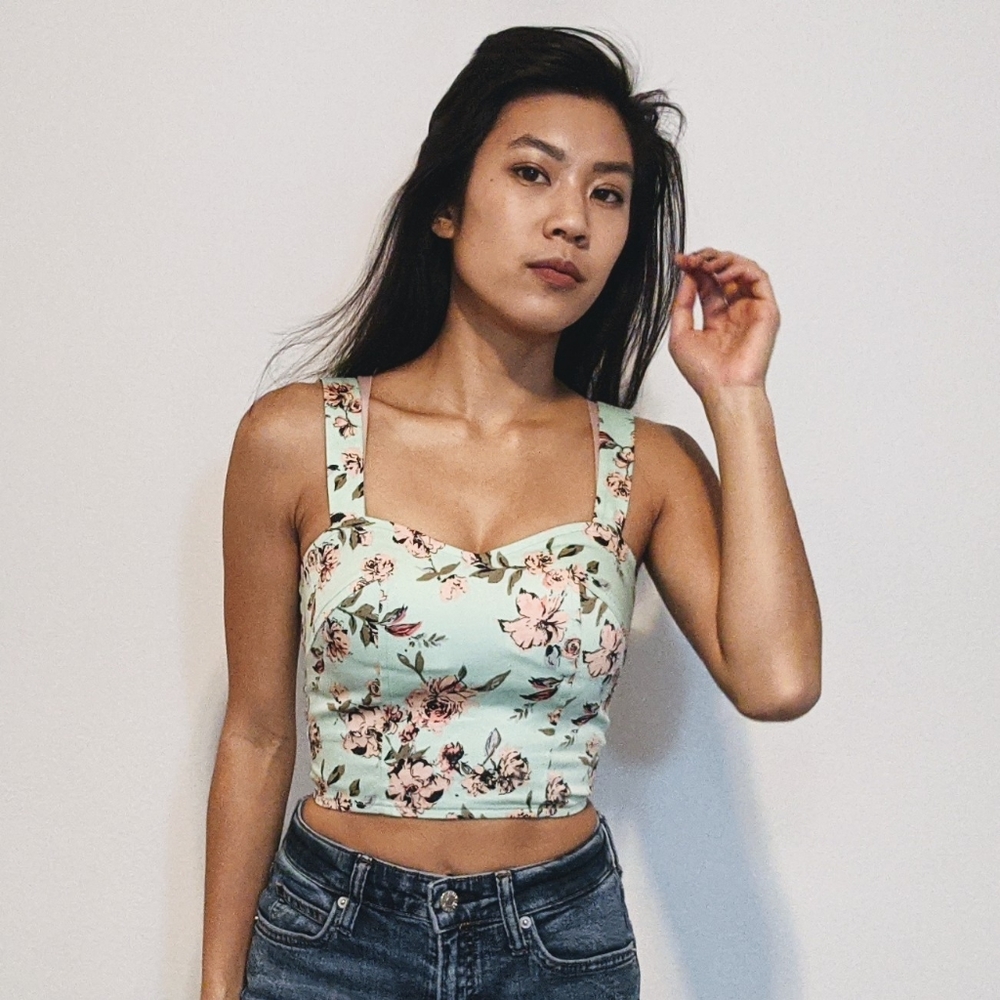 Teal and blush floral print bustier crop top - Picture 2 of 5